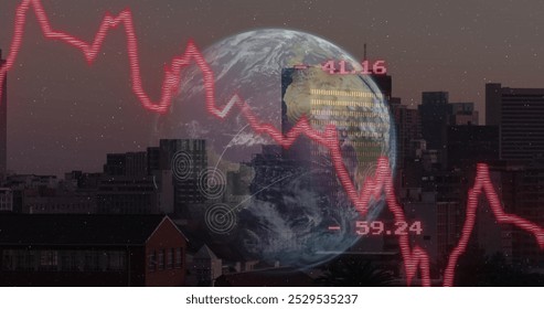 Image of globe and cityscape over data processing. Global business and digital interface concept digitally generated image.