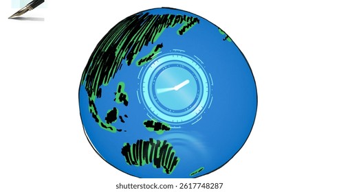 Image of globe and clock over white background. social media and digital interface concept digitally generated image.