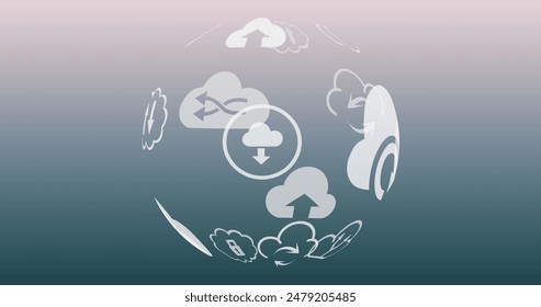 Image of globe with cloud computing icons on blue background. Global cloud computing and data processing concept digitally generated image.