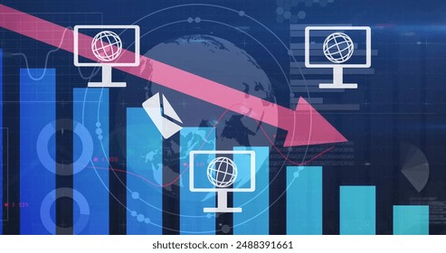Image of globe in computer icons over arrow on falling graphs over globe and bars. Digitally generated, hologram, report, business, loss, reduction, globalization and technology concept.