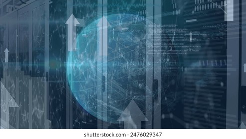 Image of globe, connected dots, up arrow, computer language, graphs over data server racks. Digital composite, growth, coding, globalization, network security, report, technology, data center.
