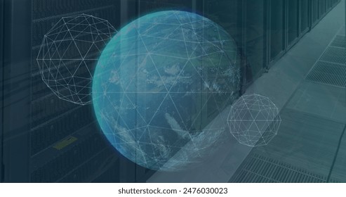 Image of globe, connected dots forming globes and programming language over data server racks. Digital composite, multiple exposure, network security, report, technology, coding, data center.