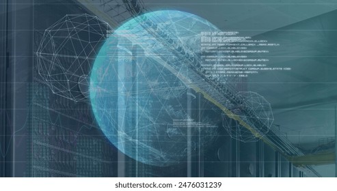 Image of globe, connected dots forming globes and programming language over data server racks. Digital composite, multiple exposure, network security, report, technology, coding, data center.