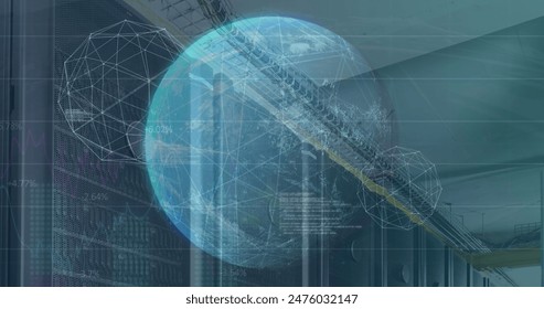 Image of globe, connected dots forming globes and programming language over data server racks. Digital composite, multiple exposure, network security, report, technology, coding, data center.