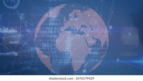 Image of globe with connected dots, graphs icons against abstract background. Digitally generated, multiple exposure, globalization, telecommunication, illuminated and technology concept. - Powered by Shutterstock - Get 15% off with code: PIKWIZARD15