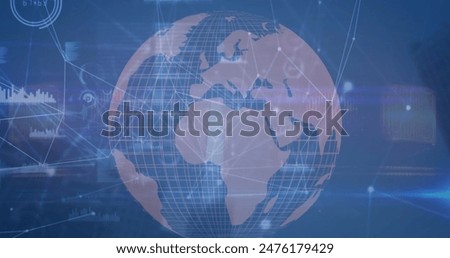 Image of globe with connected dots, graphs icons against abstract background. Digitally generated, multiple exposure, globalization, telecommunication, illuminated and technology concept.