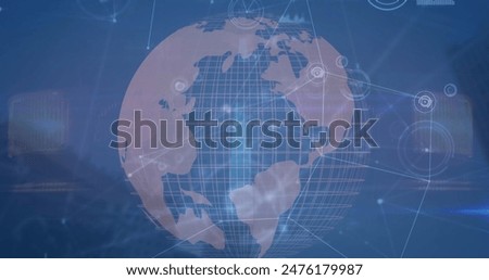 Image of globe with connected dots, graphs icons against abstract background. Digitally generated, multiple exposure, globalization, telecommunication, illuminated and technology concept.