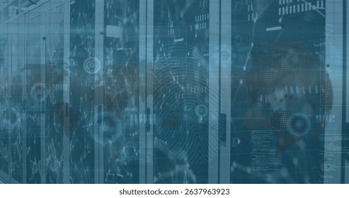 Image of globe, connections and data over servers. Network, connections, data processing and technology concept digitally generated image.