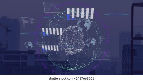Image of globe of connections and data processing over cityscape. Global business, computing and digital interface concept digitally generated image.