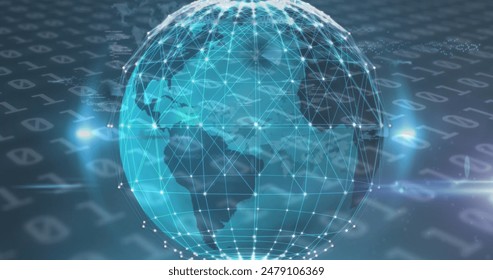 Image of globe of connections and data processing on black background. Global technology, computing and digital interface concept digitally generated image.