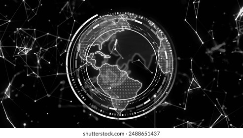Image of globe with connections and data processing over black background. Global artificial intelligence, connections, computing and data processing concept digitally generated image.