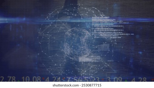 Image of globe of connections with data processing over shadows on black background. Global technology, connections and digital interface concept digitally generated image.