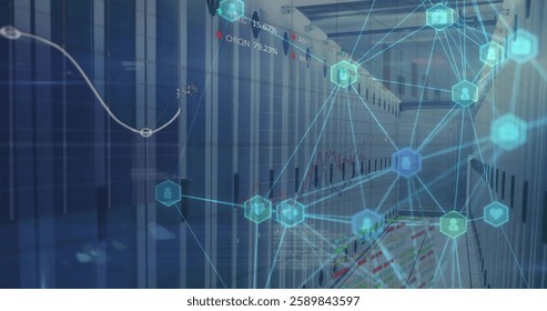 Image of globe with connections and data processing over computer servers. Global finance, business, connections, computing and data processing concept digitally generated image.