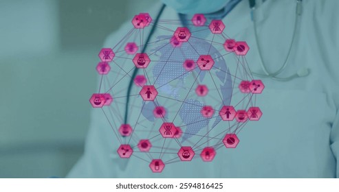 Image of globe with connections and medical icons over male doctor using tablet. Global medicine, digital interface, communication, computing and data processing concept digitally generated image.