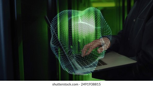 Image of globe with connections over asian man using laptop by computer server. Global artificial intelligence, data processing, computing and digital interface concept digitally generated image.