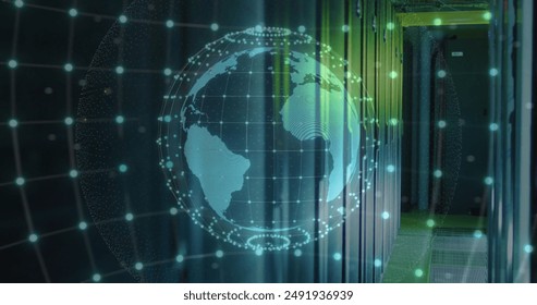 Image of globe with connections over computer server. Global artificial intelligence, data processing, computing and digital interface concept digitally generated image.