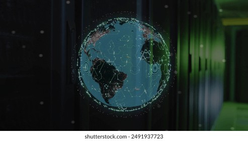 Image of globe with connections over computer server. Global artificial intelligence, data processing, computing and digital interface concept digitally generated image.
