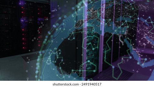 Image of globe with connections over computer server. Global artificial intelligence, data processing, computing and digital interface concept digitally generated image.