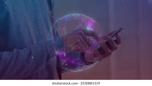 Image of globe of connections over man using smartphone in background. global networks, connections and technology concept digitally generated image.
