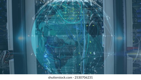 Image of globe and connections over servers. Network, connections, data processing and technology concept digitally generated image.