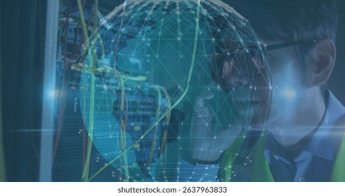 Image of globe and connections over servers. Network, connections, data processing and technology concept digitally generated image.