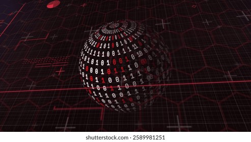 Image of globe with data processing on black background. Global technology, computing and digital interface concept digitally generated image.