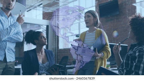 Image of globe and data processing over business people in office. Global computing, finance, business and data processing concept digitally generated image.
