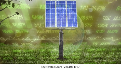 Image of globe and data processing over server room. Data processing digital interface and technology concept digitally generated image.