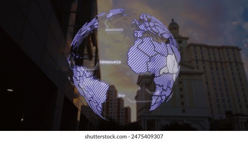 Image of globe and data processing over cityscape, copy space. Global business, finances, computing and data processing concept digitally generated image