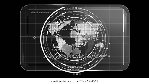 Image of globe with data processing over black background. Global artificial intelligence, connections, computing and data processing concept digitally generated image.