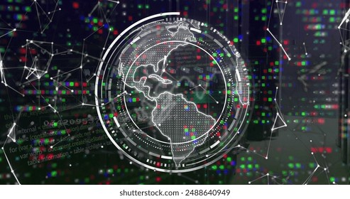 Image of globe with data processing over black background. Global artificial intelligence, connections, computing and data processing concept digitally generated image.