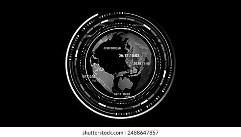 Image of globe with data processing over black background. Global artificial intelligence, connections, computing and data processing concept digitally generated image.