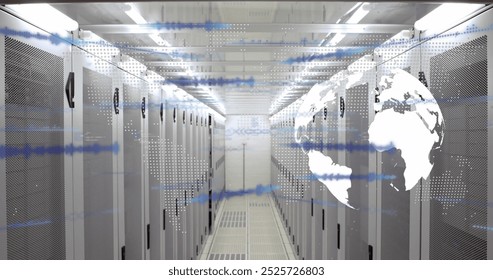 Image of globe and data processing over computer servers. Global business, finances, computing and data processing concept digitally generated image.