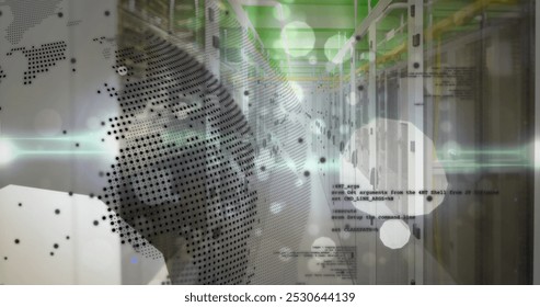 Image of globe and data processing over computer servers. Global connections, business, finance, computing and data processing concept digitally generated image.