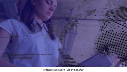 Image of globe and data processing over caucasian businesswoman using tablet in office. Global finance, business, connections, computing and data processing concept digitally generated image. - Powered by Shutterstock