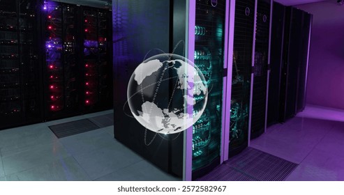 Image of globe and data processing over computer servers. Global connections, computing and data processing concept digitally generated image.