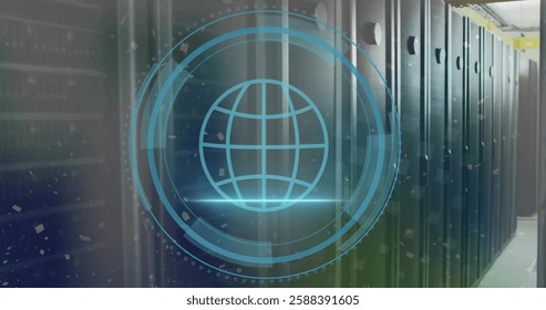 Image of globe and data processing over computer servers. Global connections, computing and data processing concept digitally generated image.