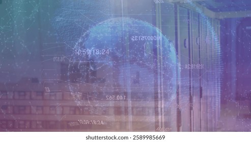 Image of globe and data processing over computer servers. Global connections, computing and data processing concept digitally generated image.