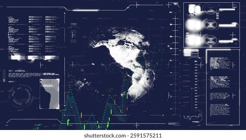 Image of globe with data processing over dark background. Global finance, business, connections, computing and data processing concept digitally generated image.