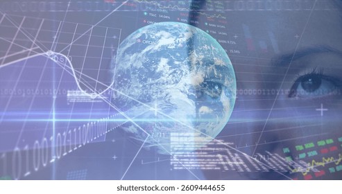 Image of globe and data processing over woman's face in background. global connections, technology and digital interfaces concept digitally generated image.