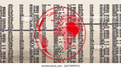 Image of globe and data processing over cityscape. Global business, computing and digital interface concept digitally generated image.