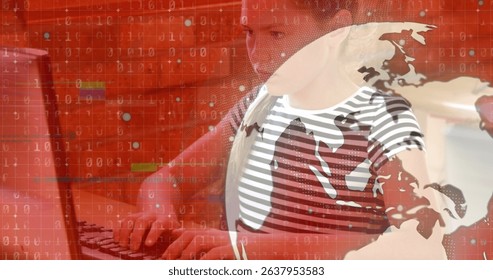 Image of globe and data processing over caucasian schoolgirl using computer. Global education, technology and digital interface concept digitally generated image.