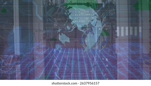 Image of globe and data processing over servers. Network, connections, data processing and technology concept digitally generated image.
