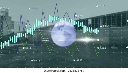 Image of globe and data processing over binary coding. Global business finances connections and digital interface concept digitally generated image.