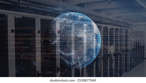 Image of globe, data processing and plexus networks against computer server room. Global networking and business data storage technology concept - Powered by Shutterstock