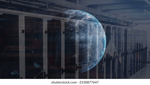 Image of globe, data processing and plexus networks against computer server room. Global networking and business data storage technology concept - Powered by Shutterstock