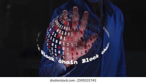 Image of globe with data processing and text over hand of caucasian man on black background. Global technology, connections, computing and digital interface concept digitally generated image.