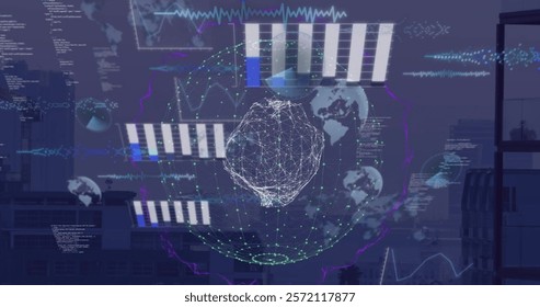 Image of globe and digital data processing over dark background. Global cyber security, connections, computing and data processing concept digitally generated image.