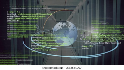 Image of globe and digital data processing over computer servers. Global connections, computing and data processing concept digitally generated image.