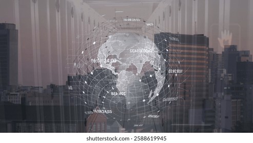 Image of globe and digital data processing over cityscape. Global connections, computing and data processing concept digitally generated image.